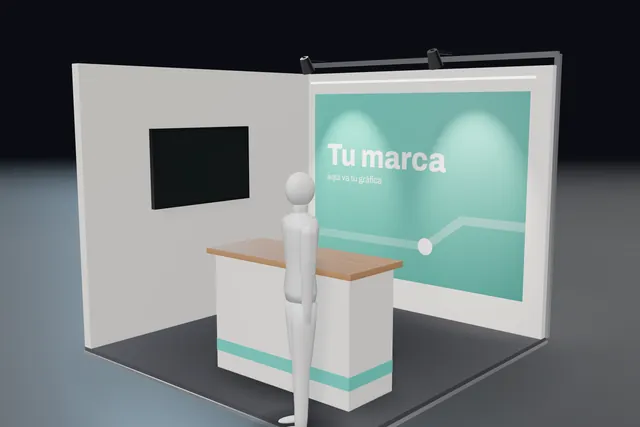 Stand de pasillo 3 × 3 — Montela · render 3D