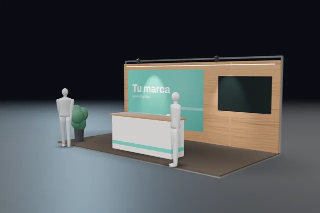 Stand 6 × 3 en madera — Montela · render 3D
