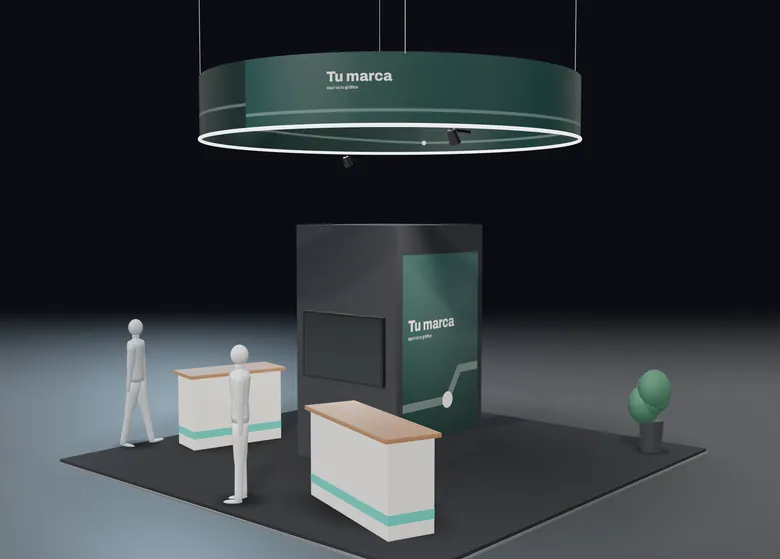 Stand isla 6 × 6 — Montela · render 3D